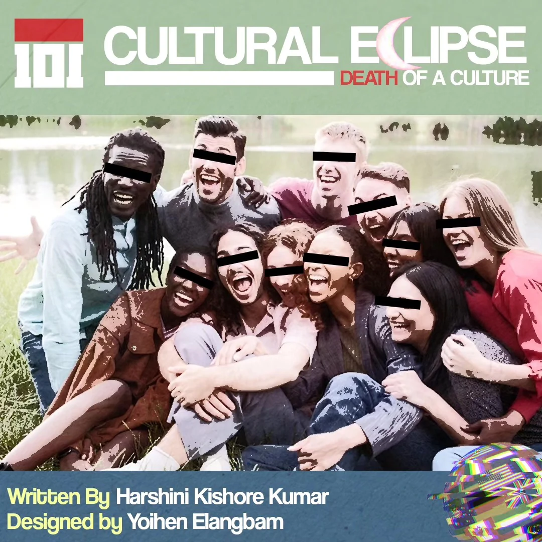 Cover for the article Cultural Eclipse, Death of a Culture: a laughing group of people with black bars over their eyes, under a green title band with the blank101 mark