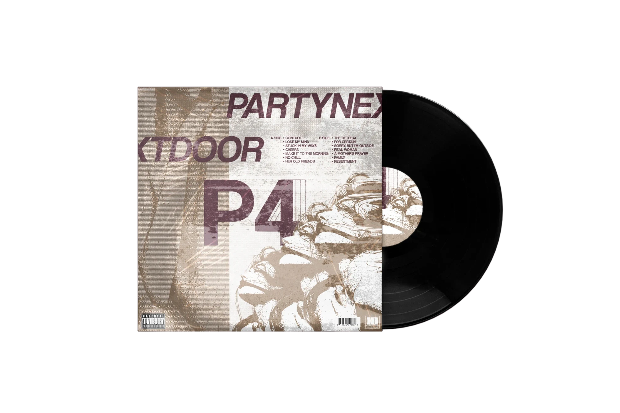 P4 vinyl sleeve with the record half pulled out, on a plum background