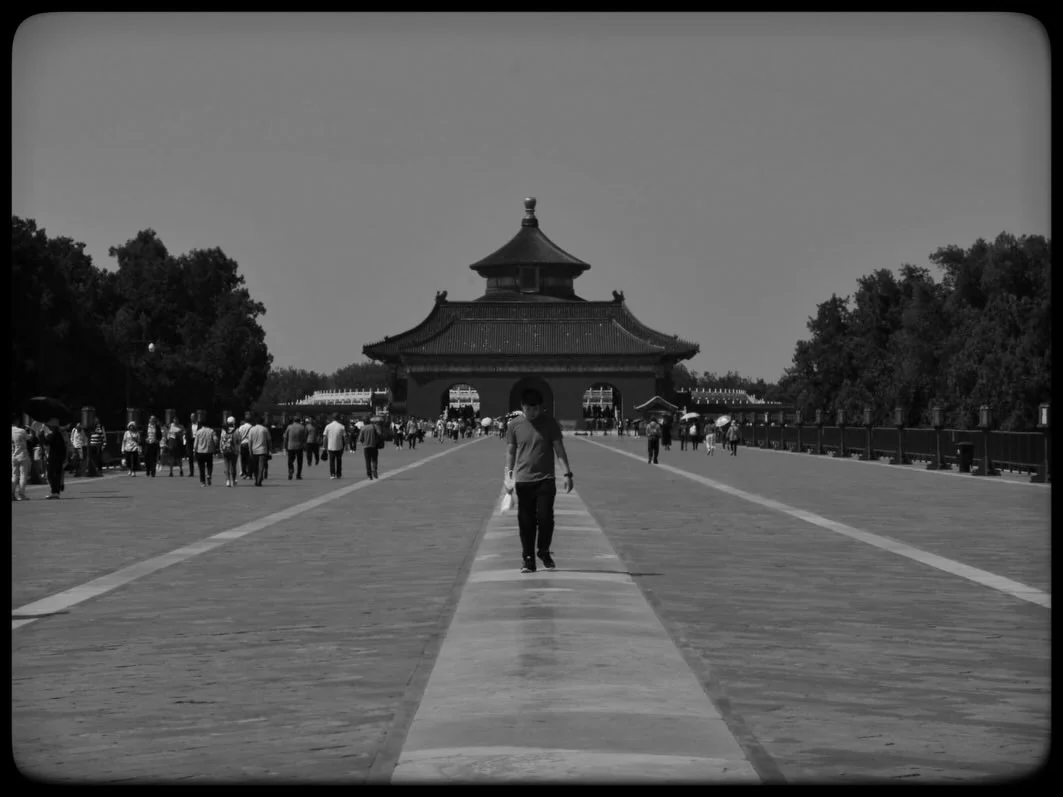 A person walking away down a long stone path toward a temple, in black and white