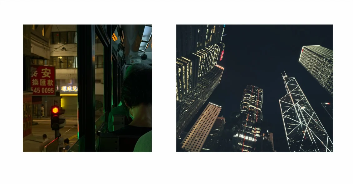 Two night photographs of Hong Kong: a street corner and towers seen from below