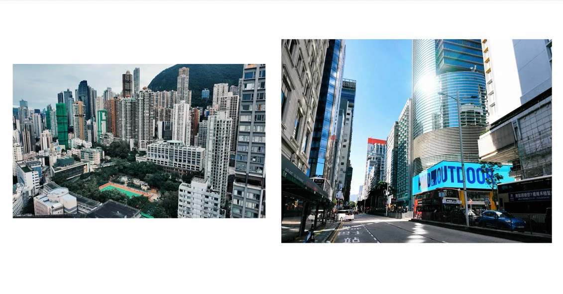Two photographs of Hong Kong towers, one from above and one from street level