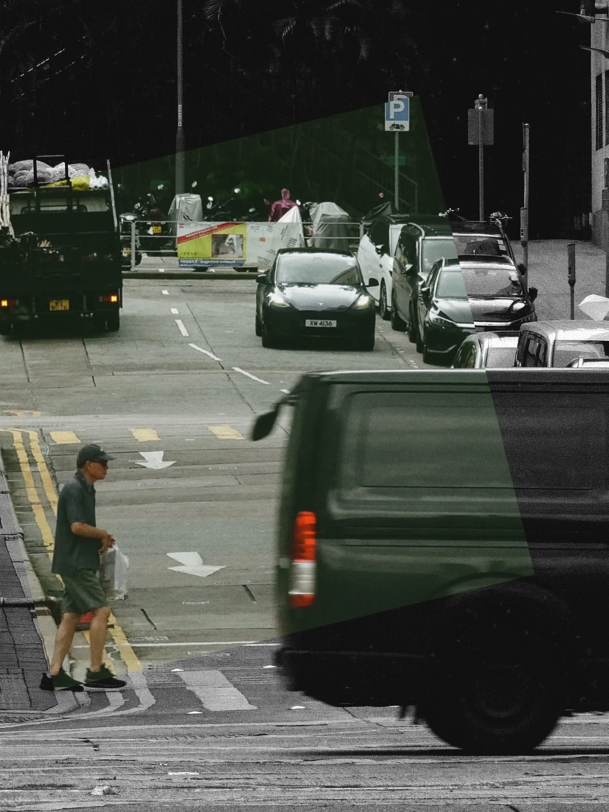 A man crossing a Hong Kong street as a dark green van passes in front of him