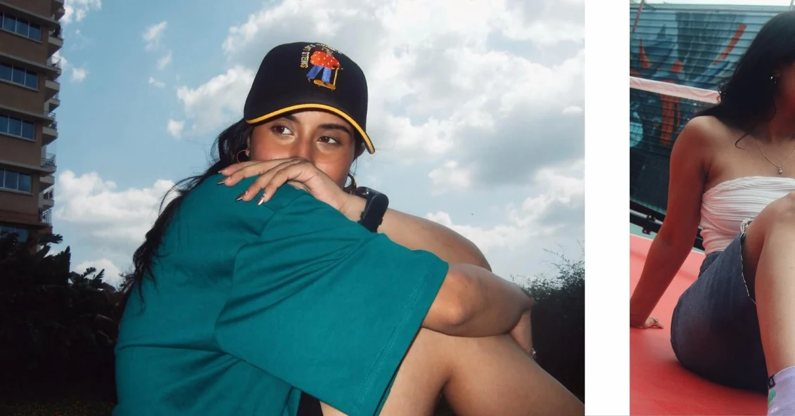 A photoshoot spread: a person in a cap and turquoise shirt resting their chin on their arms against a cloudy sky