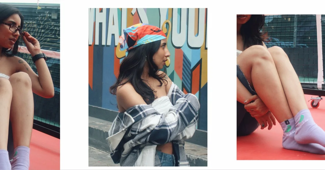 A photoshoot spread: a person in glasses sitting on a red court, then in a bandana and checked shirt against a painted mural, and their lilac socks on the red floor