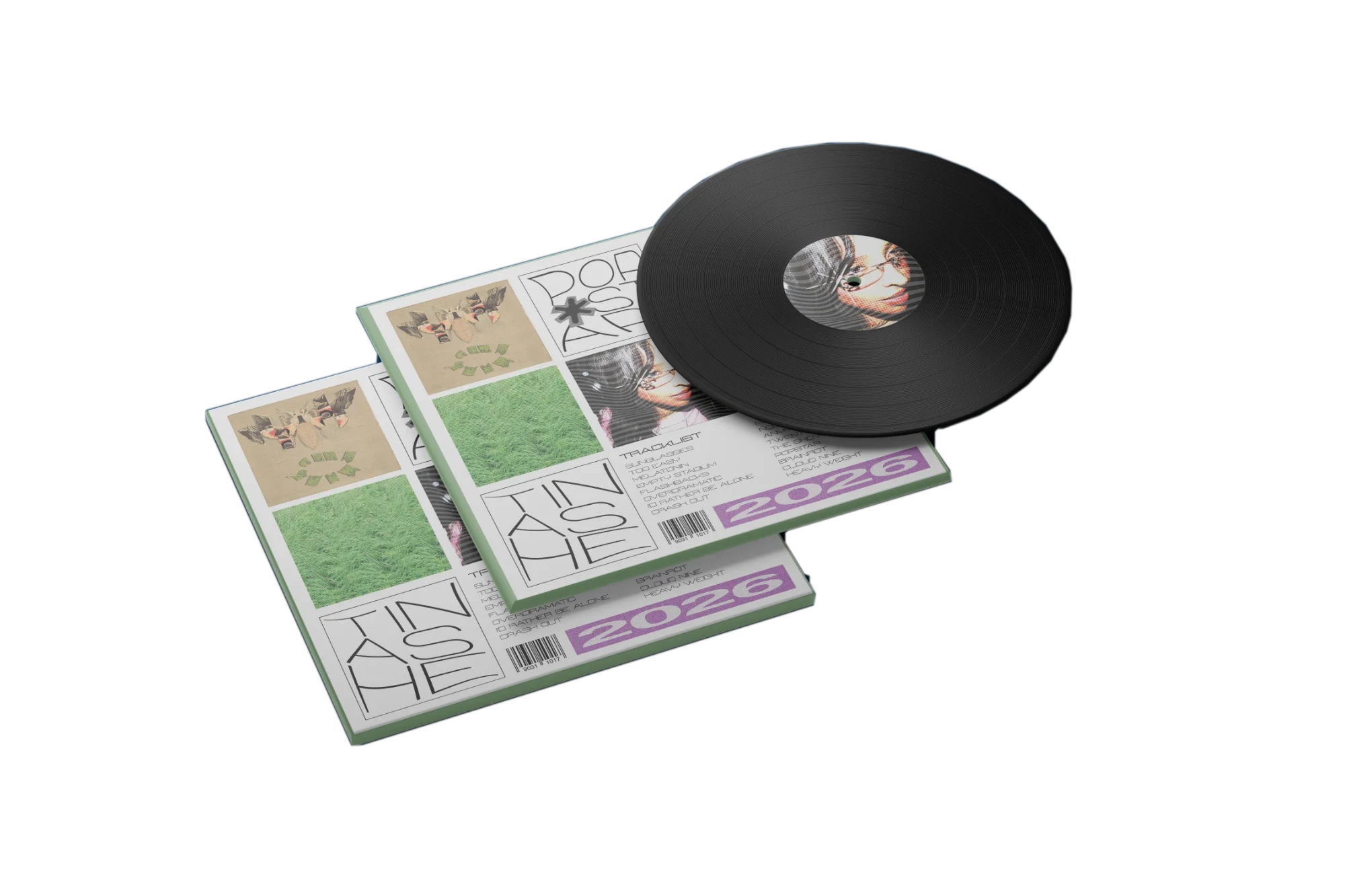Two Popstar vinyl sleeves stacked at an angle with a record resting on top, on a navy background